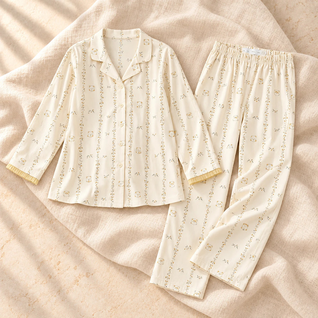 Long-Sleeve Maternity Pyjama Set, A02-77441, on warm cream linen