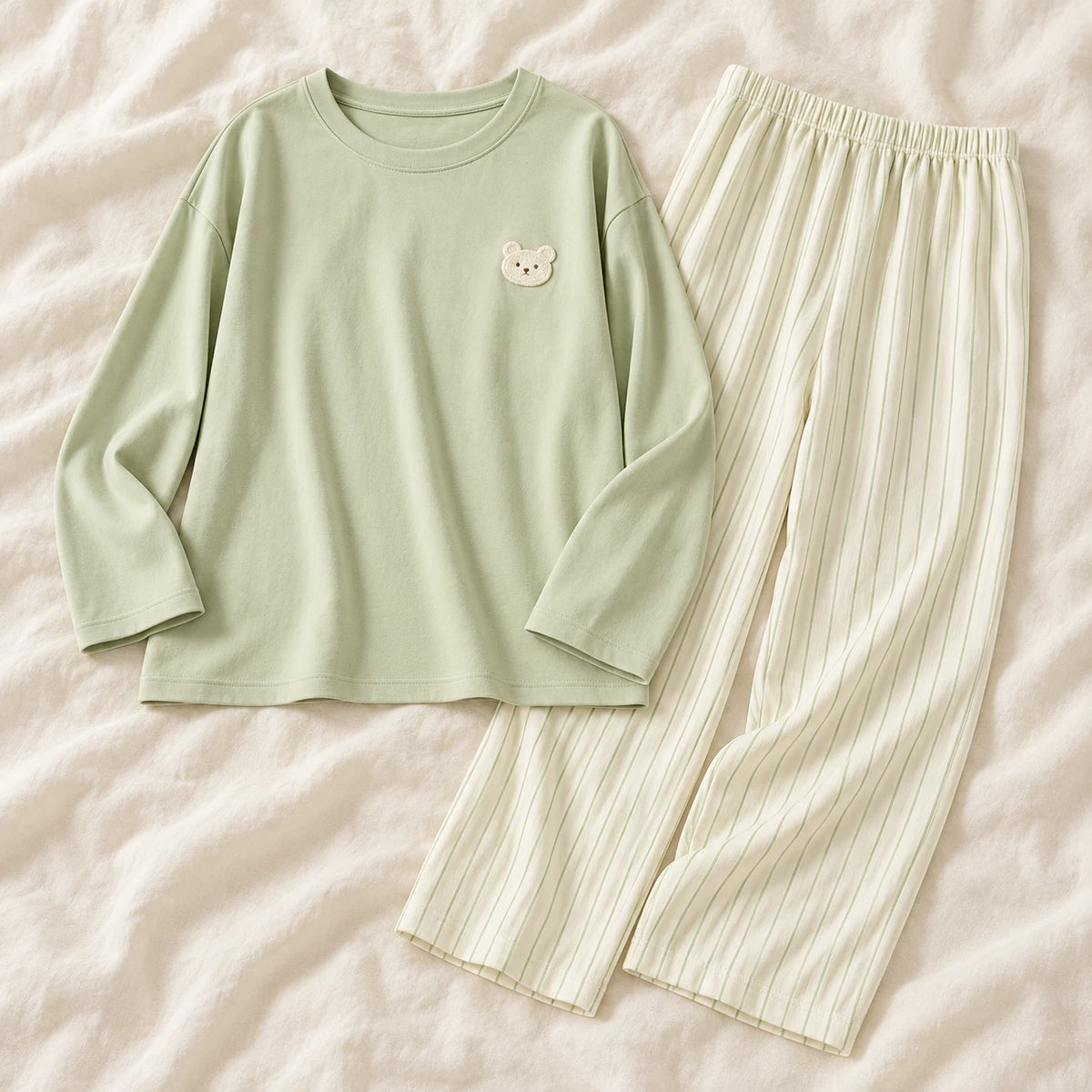 Long-Sleeve Nursing Pyjamas with Built-In Support — A02-24185 — product set on cream linen