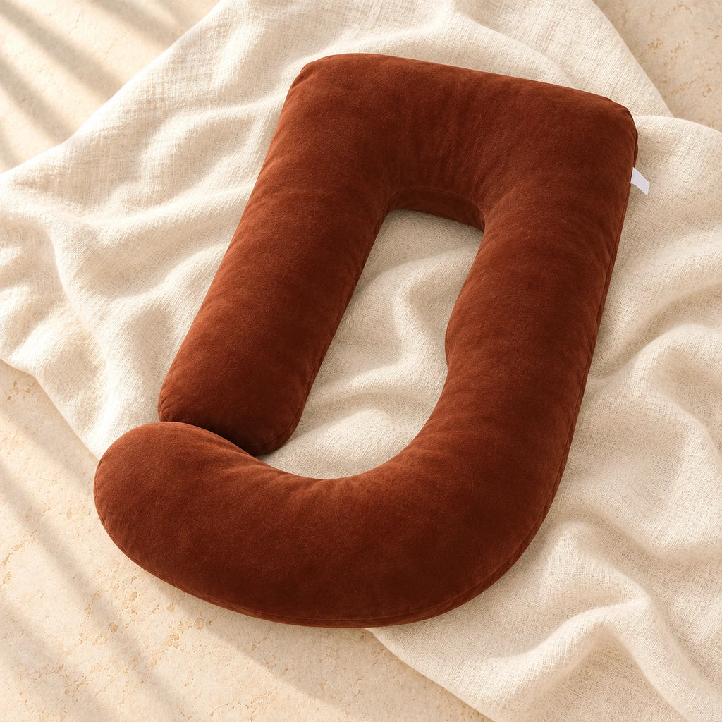 Full-Body Pregnancy Pillow with Washable Cover, Dark Brown, on warm cream linen