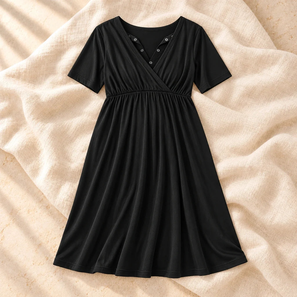 V-Neck Short-Sleeve Nursing Dress, D, product on cream linen
