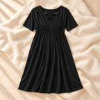 V-Neck Short-Sleeve Nursing Dress, D, product on cream linen