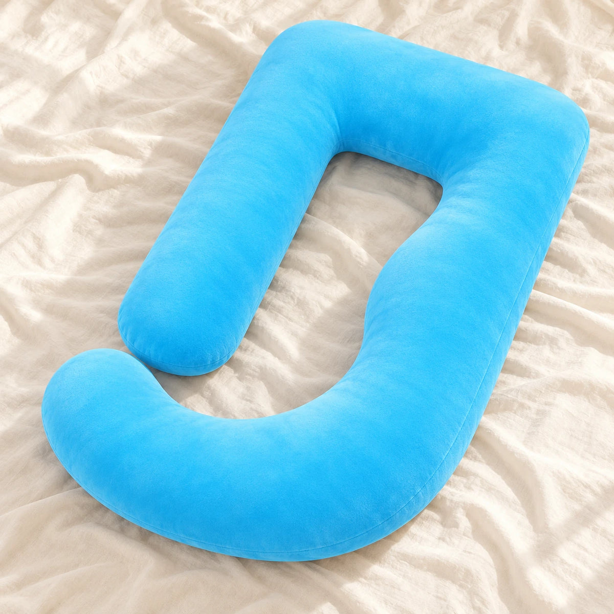 Full-Body Pregnancy Pillow with Washable Cover — Turquoise — product on cream linen