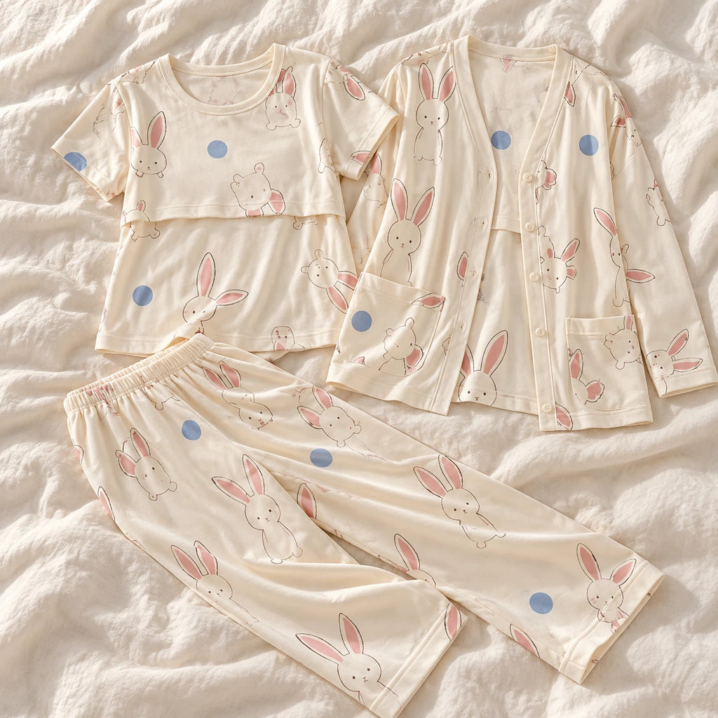 Tots & Moms three-piece nursing pyjama set — style SY-5605 — complete set on cream linen