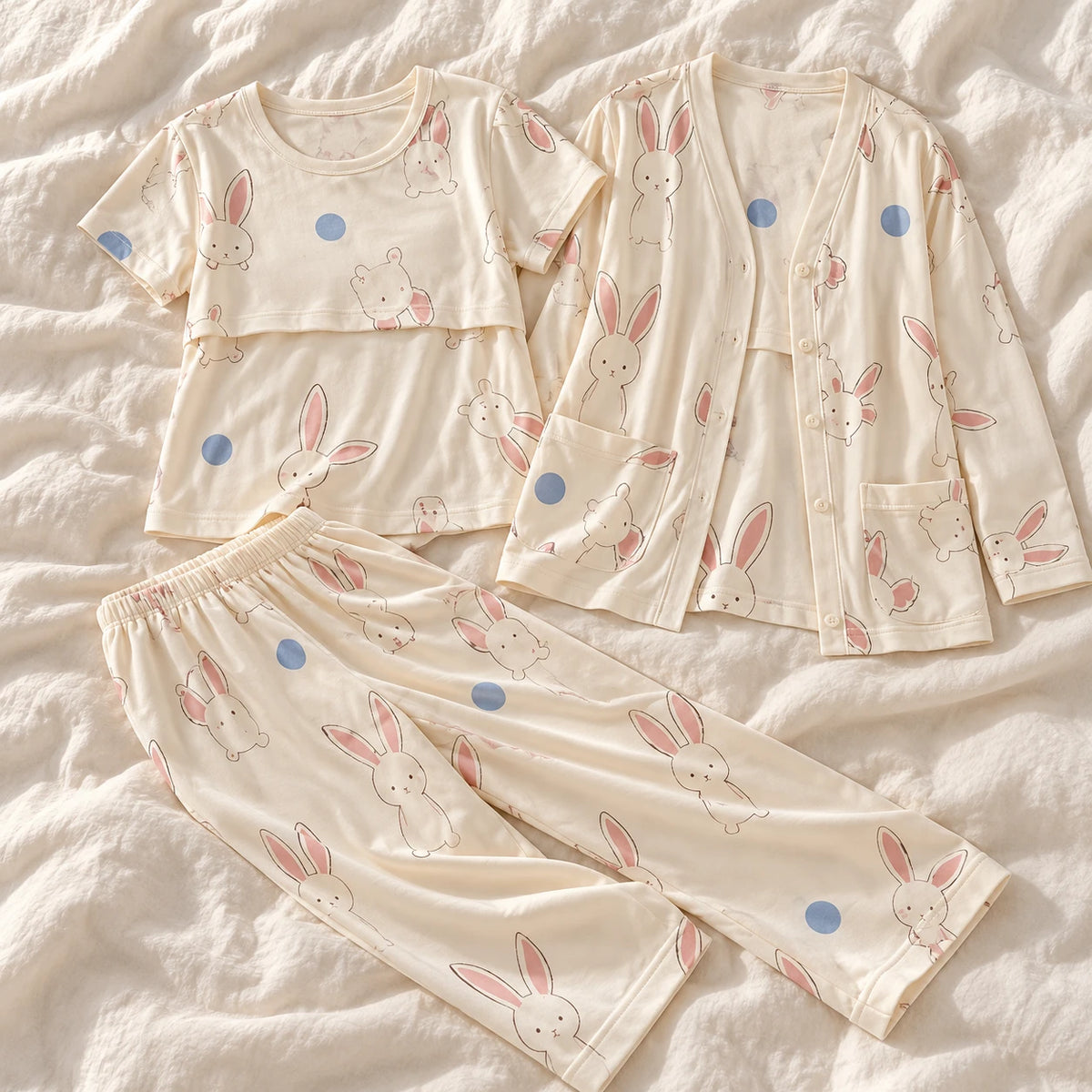 Tots & Moms three-piece nursing pyjama set — style SY-5605 — complete set on cream linen