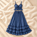 Lace Camisole & Tiered Maternity Maxi Skirt Set, Denim blue, product on cream linen