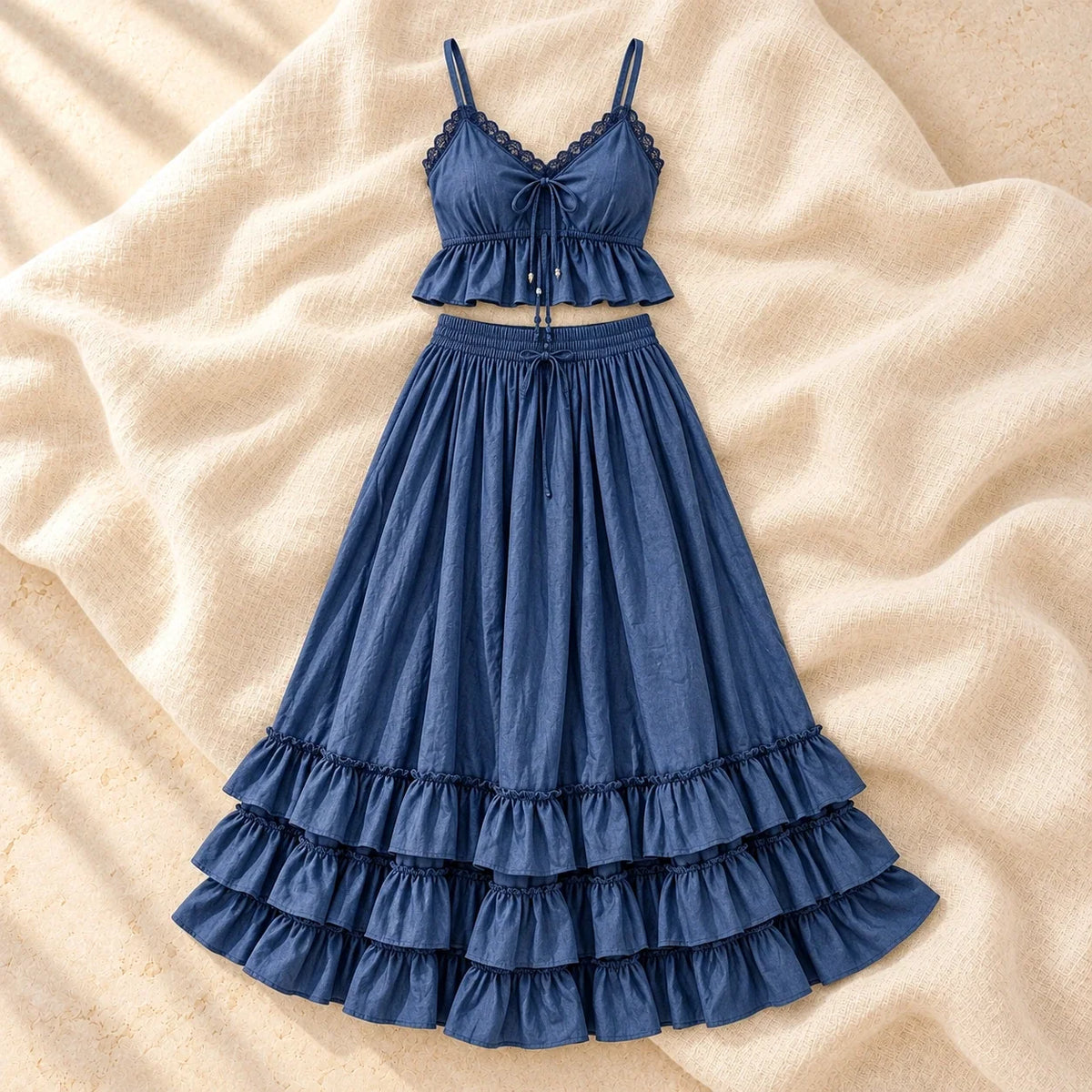 Lace Camisole & Tiered Maternity Maxi Skirt Set, Denim blue, product on cream linen