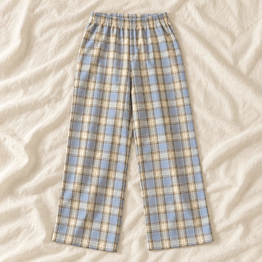 Plaid Wide-Leg Maternity Trousers — Style D — on cream linen