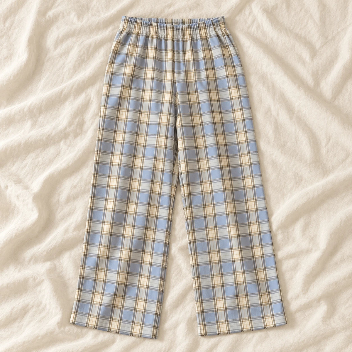 Plaid Wide-Leg Maternity Trousers — Style D — on cream linen
