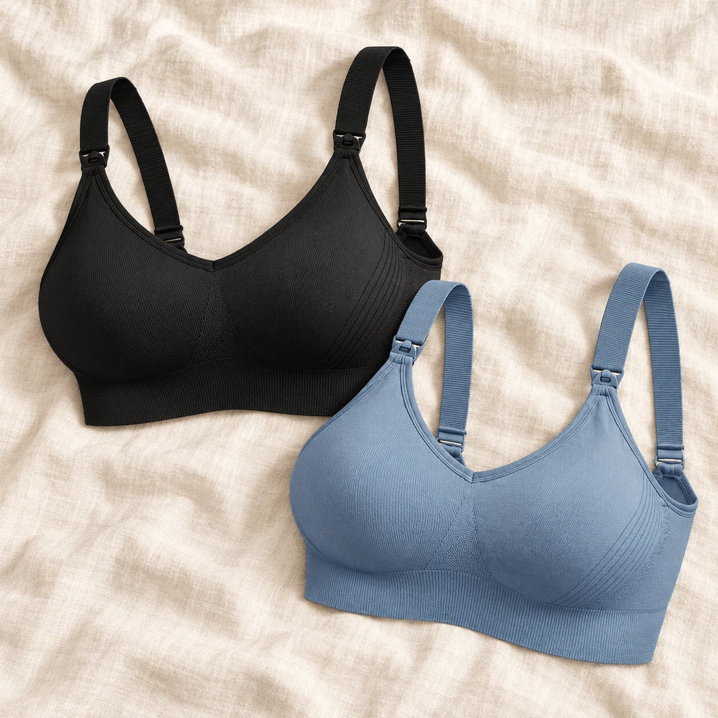 Wireless Clip-Down Nursing Bra — Single & Two-Packs — 2 bras — Black + Blue, photographed on cream linen