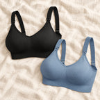 Wireless Clip-Down Nursing Bra — Single & Two-Packs — 2 bras — Black + Blue, photographed on cream linen
