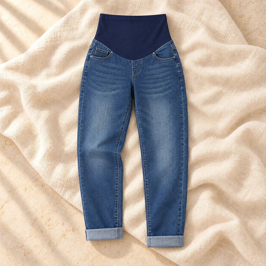 Over-Bump Relaxed Maternity Jeans, Dark blue, on cream linen
