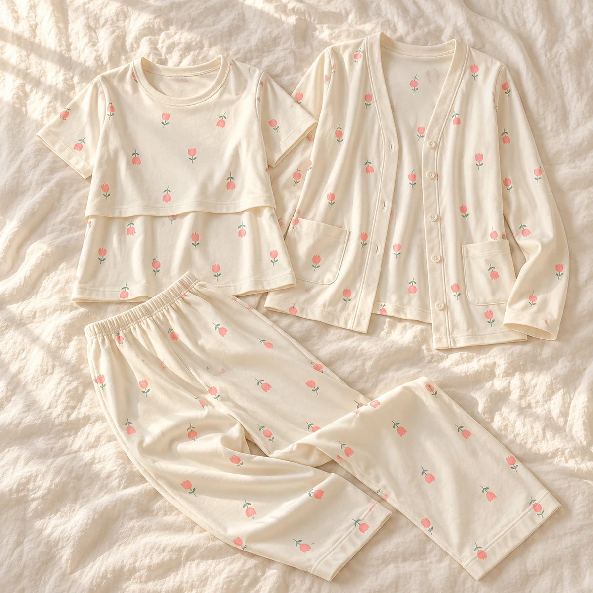 Tots & Moms three-piece nursing pyjama set — style SY-5603 — complete set on cream linen
