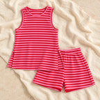 Striped Maternity Tank & Shorts Set — Red, product on cream linen