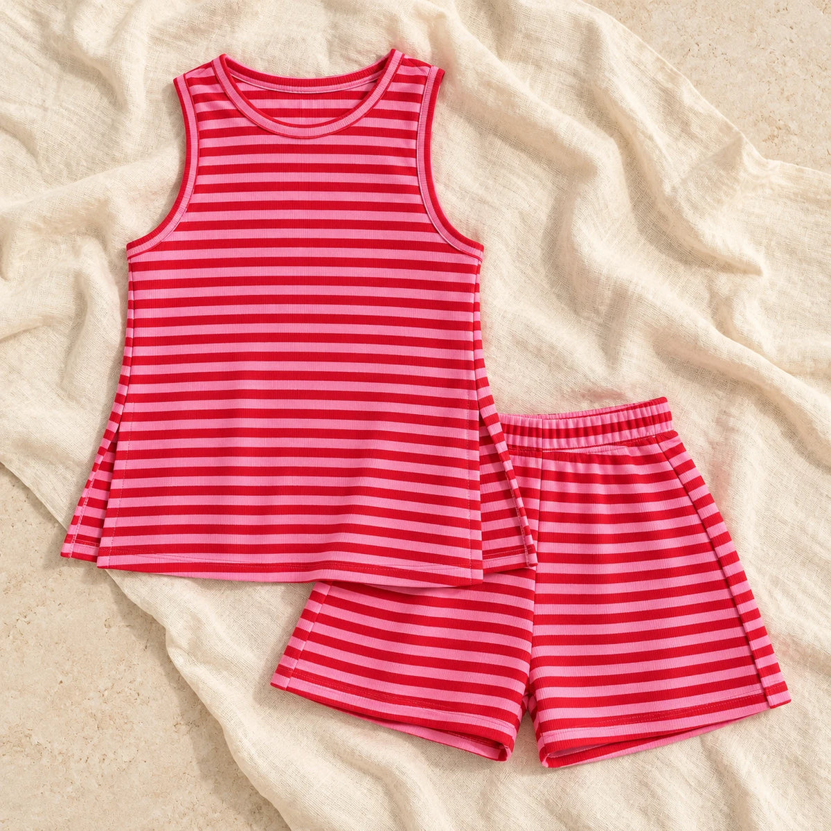Striped Maternity Tank & Shorts Set — Red, product on cream linen