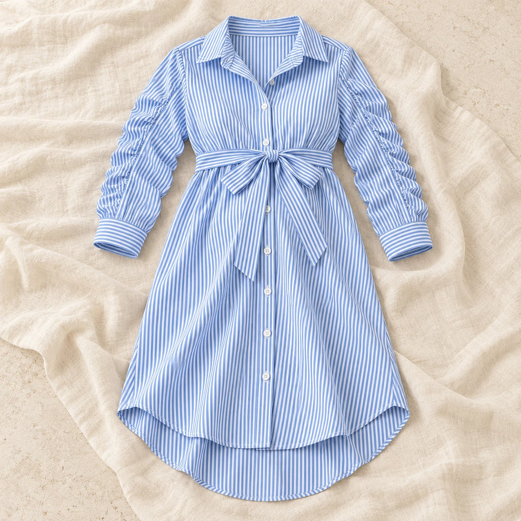 Button-Front Pleated Maternity Dress — Blue, product on cream linen