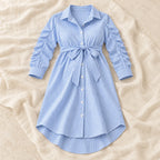 Button-Front Pleated Maternity Dress — Blue, product on cream linen