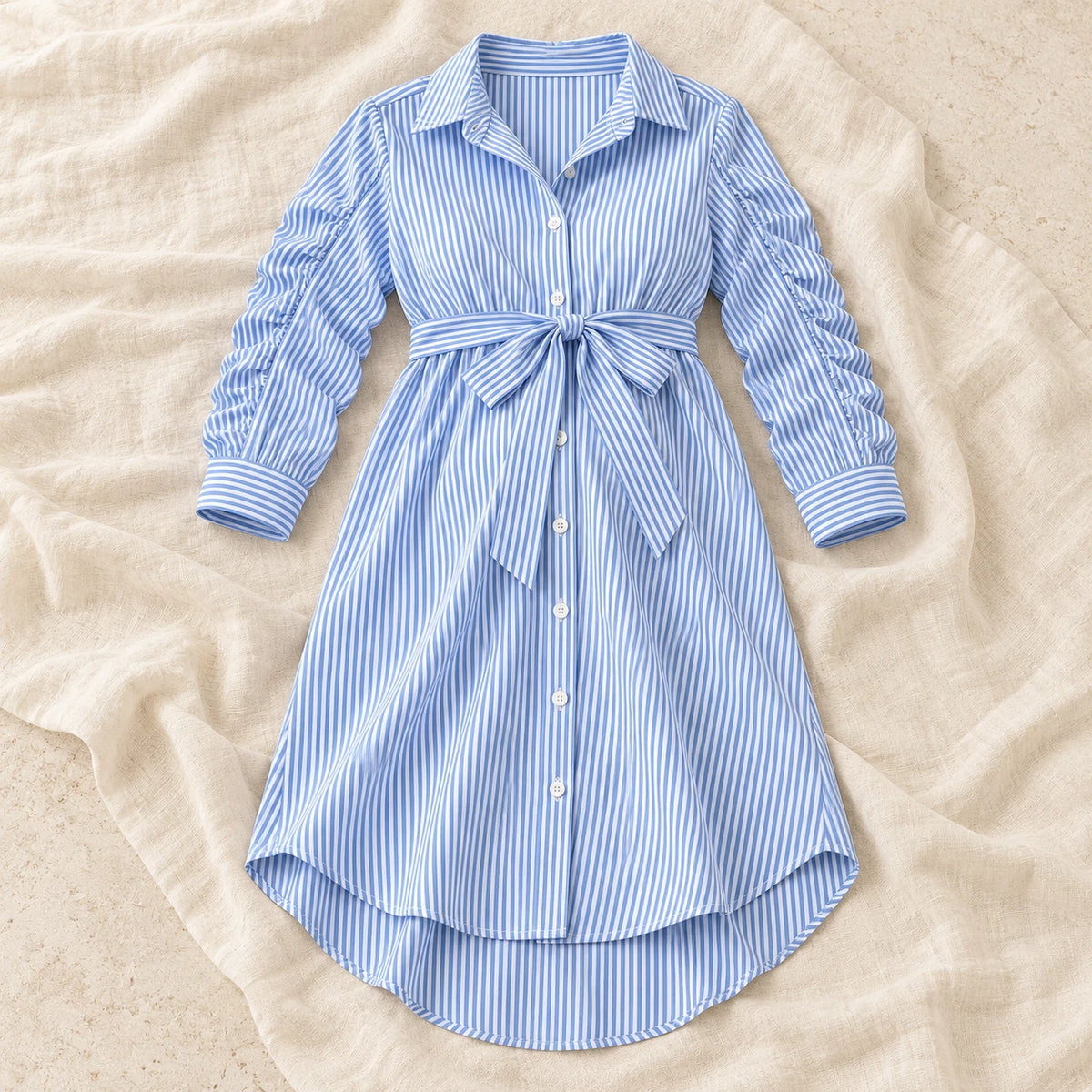 Button-Front Pleated Maternity Dress — Blue, product on cream linen