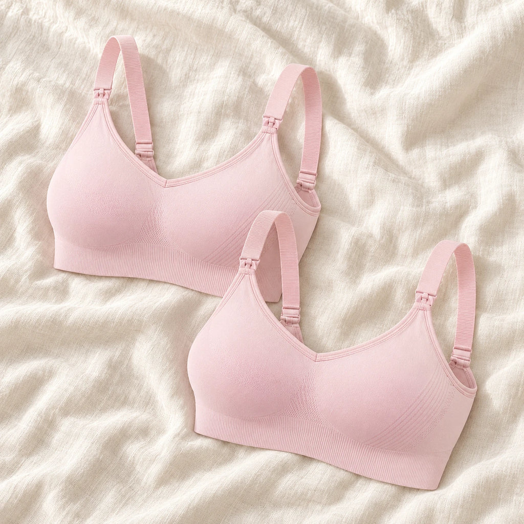 Wireless Clip-Down Nursing Bra — Single & Two-Packs — 2 bras — Pink, photographed on cream linen