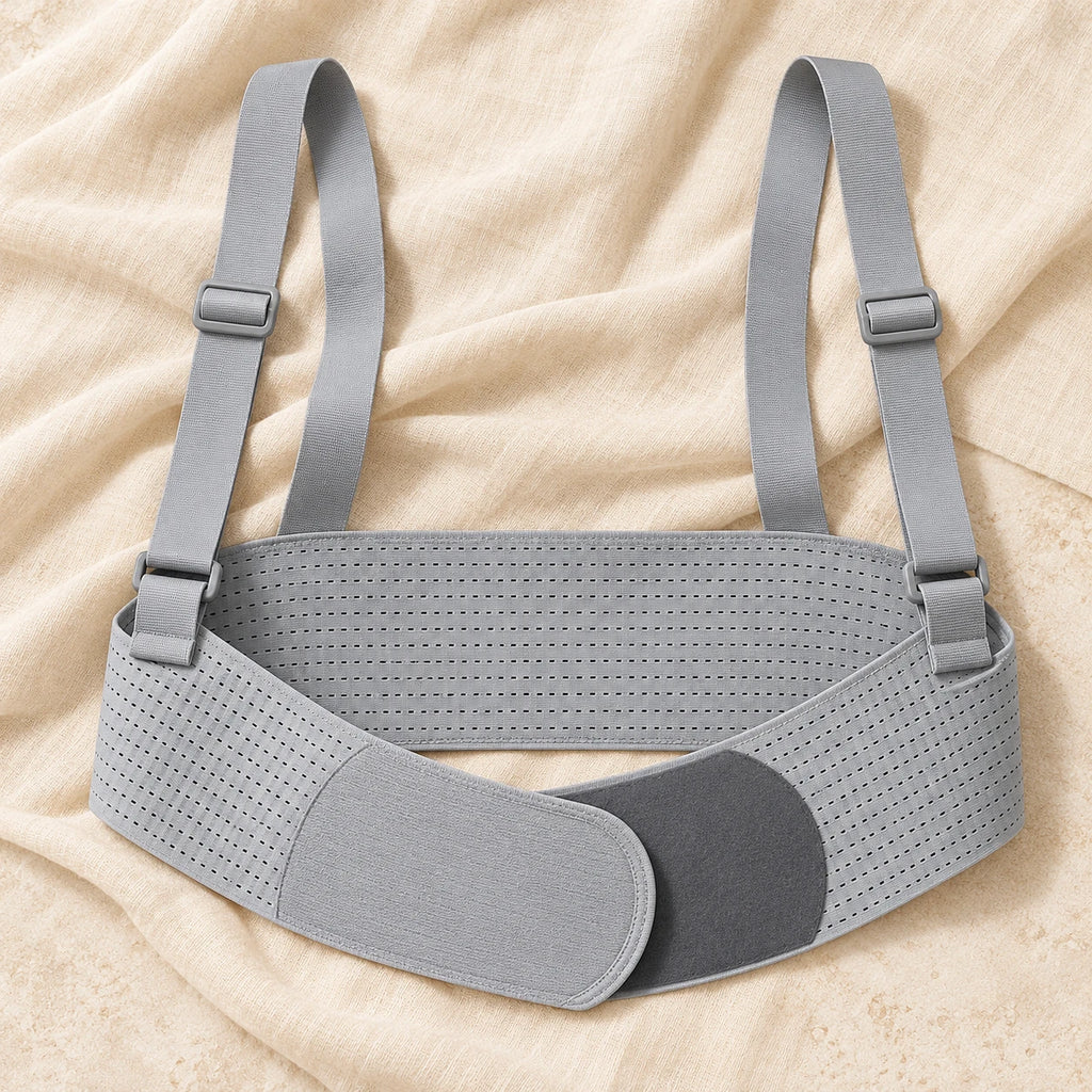 grey perforated under-bump support belt with wide back section, overlapping rounded fastening panels and two adjustable shoulder straps with matching rectangular sliders, product on cream linen