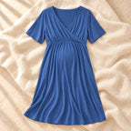 V-Neck Short-Sleeve Nursing Dress, E, product on cream linen