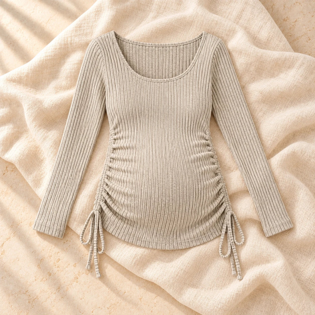 Pleated Long-Sleeve Maternity Top, Khaki, on warm cream linen