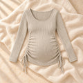 Pleated Long-Sleeve Maternity Top, Khaki, on warm cream linen