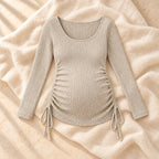 Pleated Long-Sleeve Maternity Top, Khaki, on warm cream linen