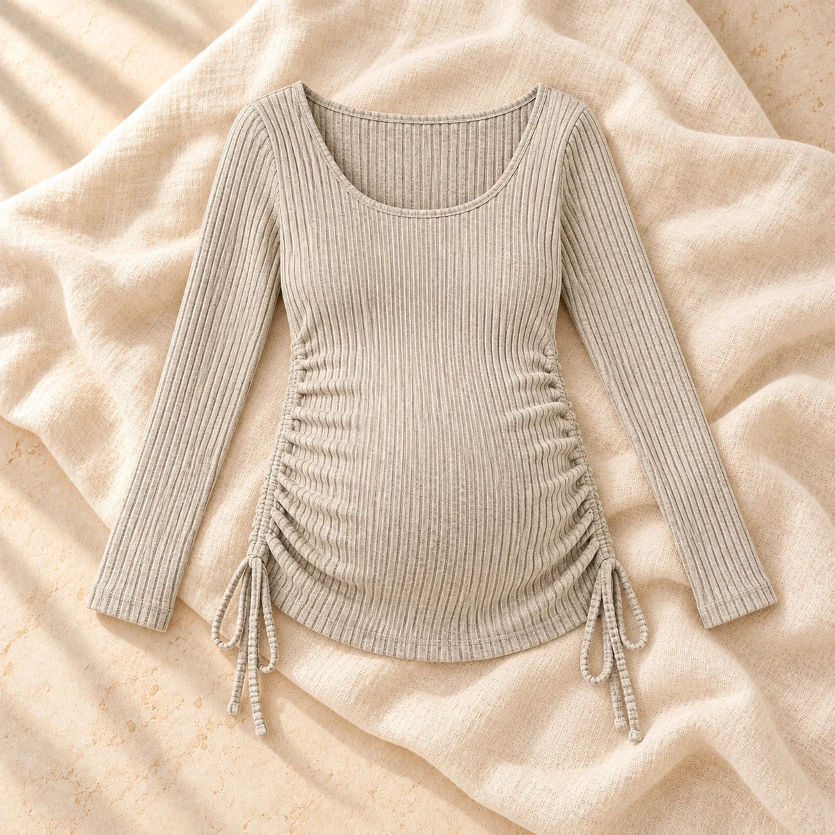 Pleated Long-Sleeve Maternity Top, Khaki, on warm cream linen