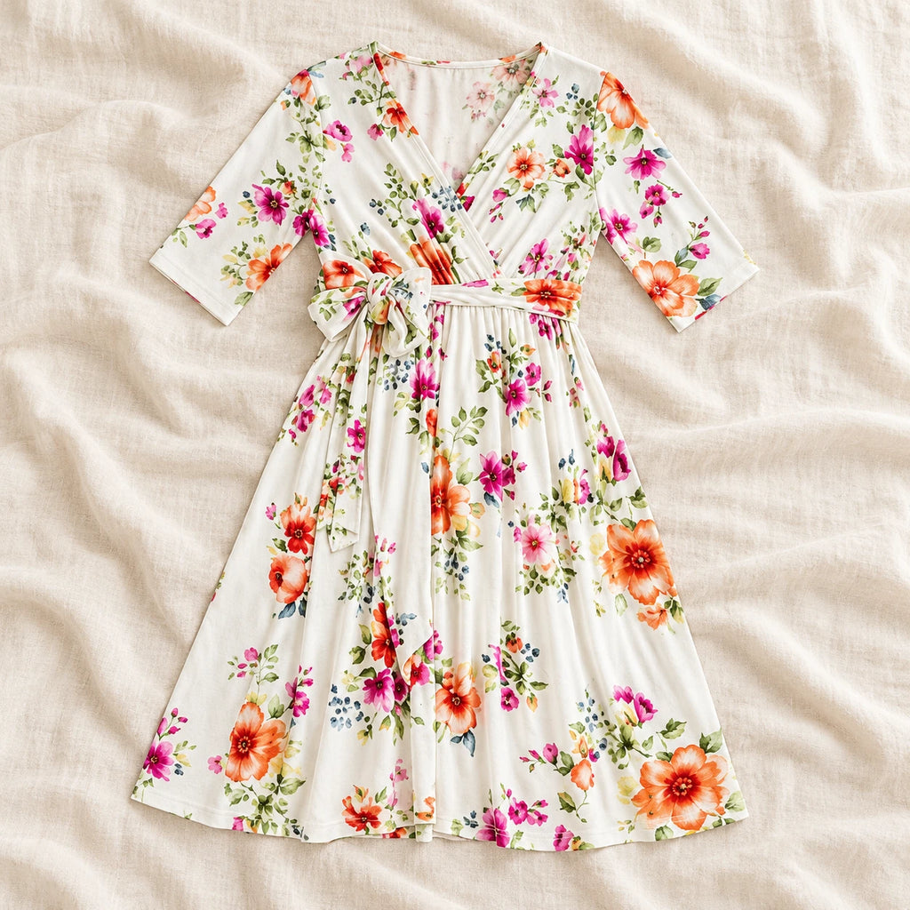 Tots & Moms V-neck maternity dress — White floral — product photograph