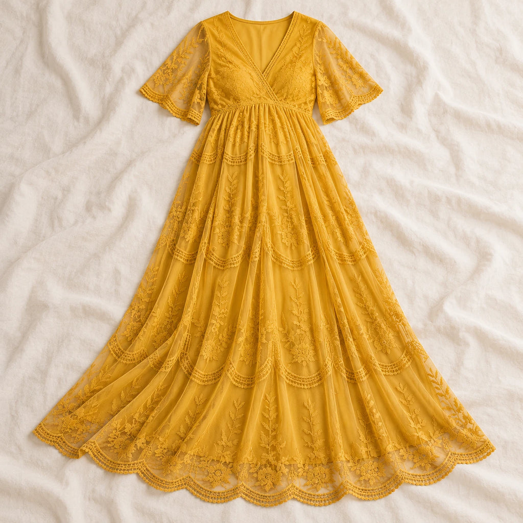 V-Neck Lace Maternity Maxi Dress — YELLOW — on cream linen
