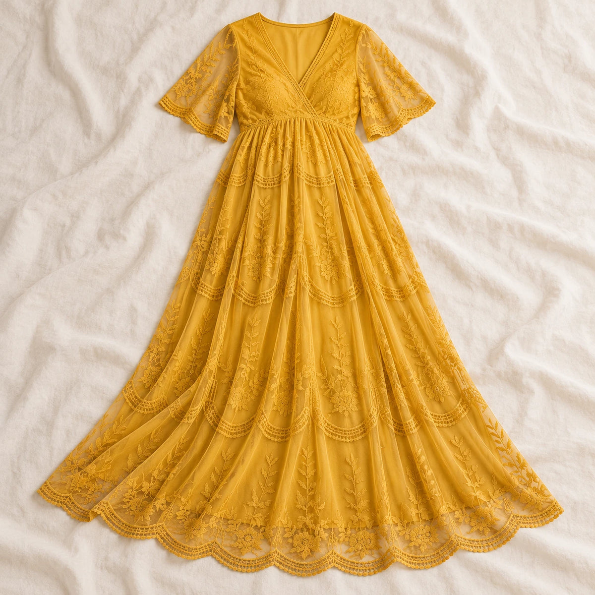 V-Neck Lace Maternity Maxi Dress — YELLOW — on cream linen