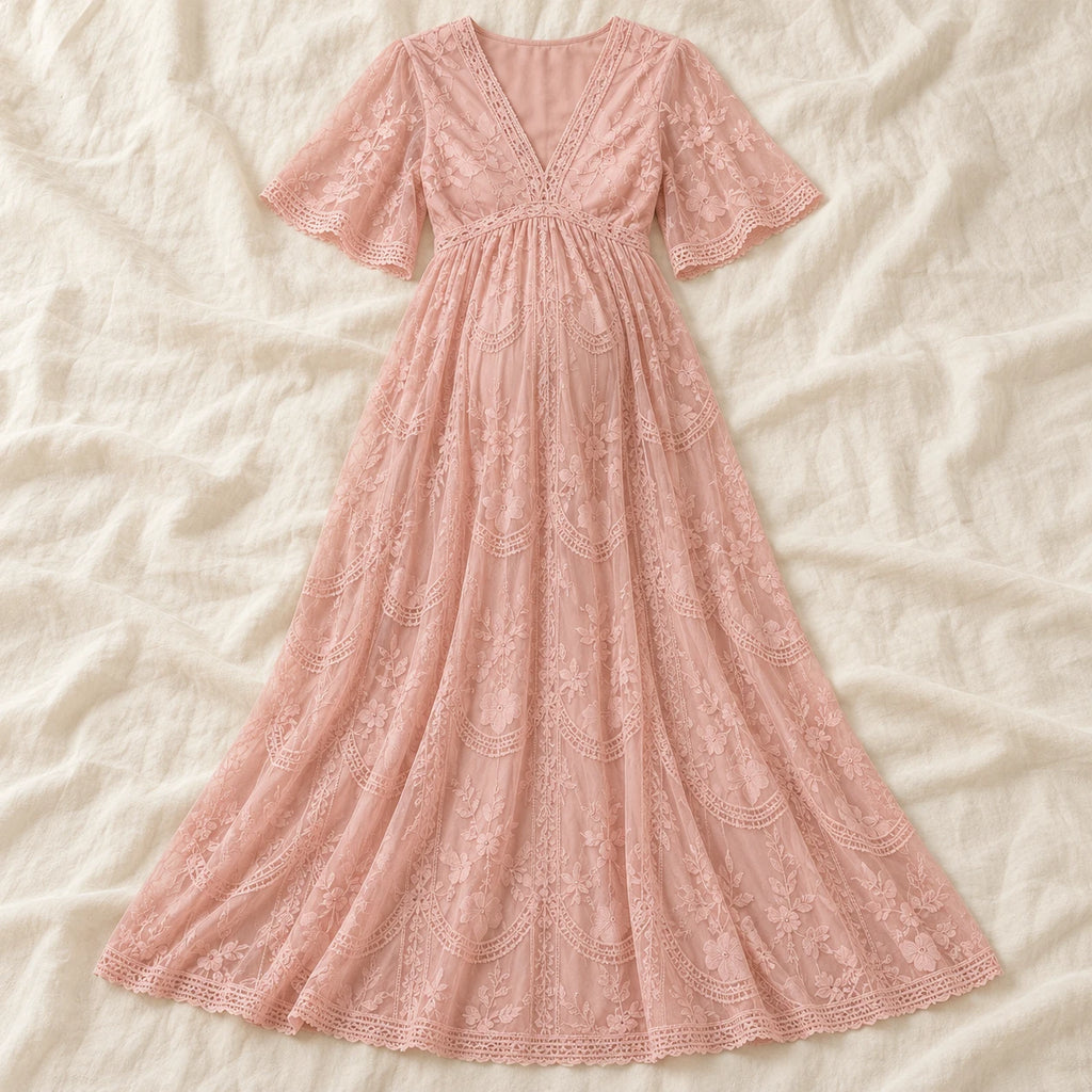 V-Neck Lace Maternity Maxi Dress — Pink — on cream linen
