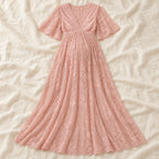 V-Neck Lace Maternity Maxi Dress — Pink — on cream linen