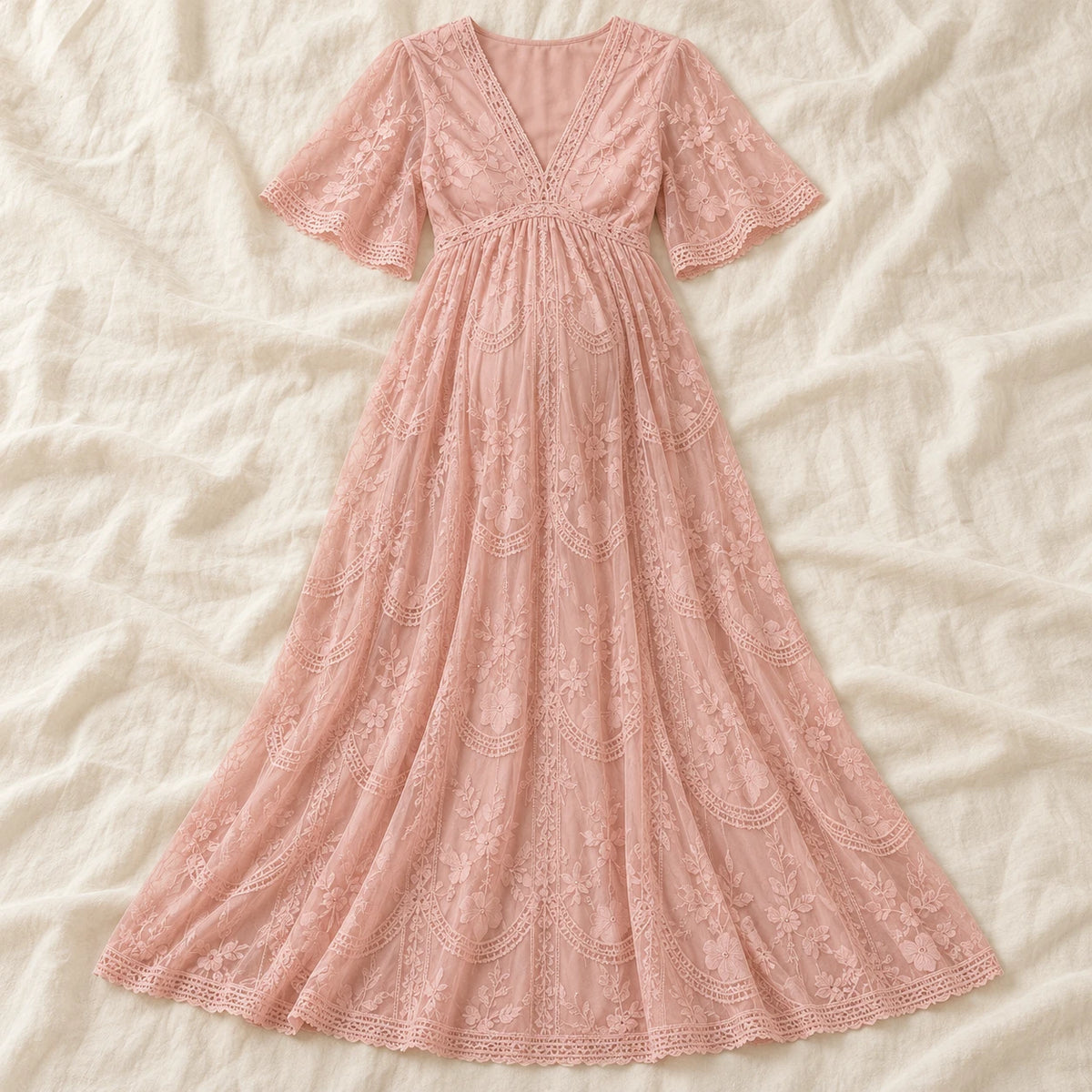 V-Neck Lace Maternity Maxi Dress — Pink — on cream linen