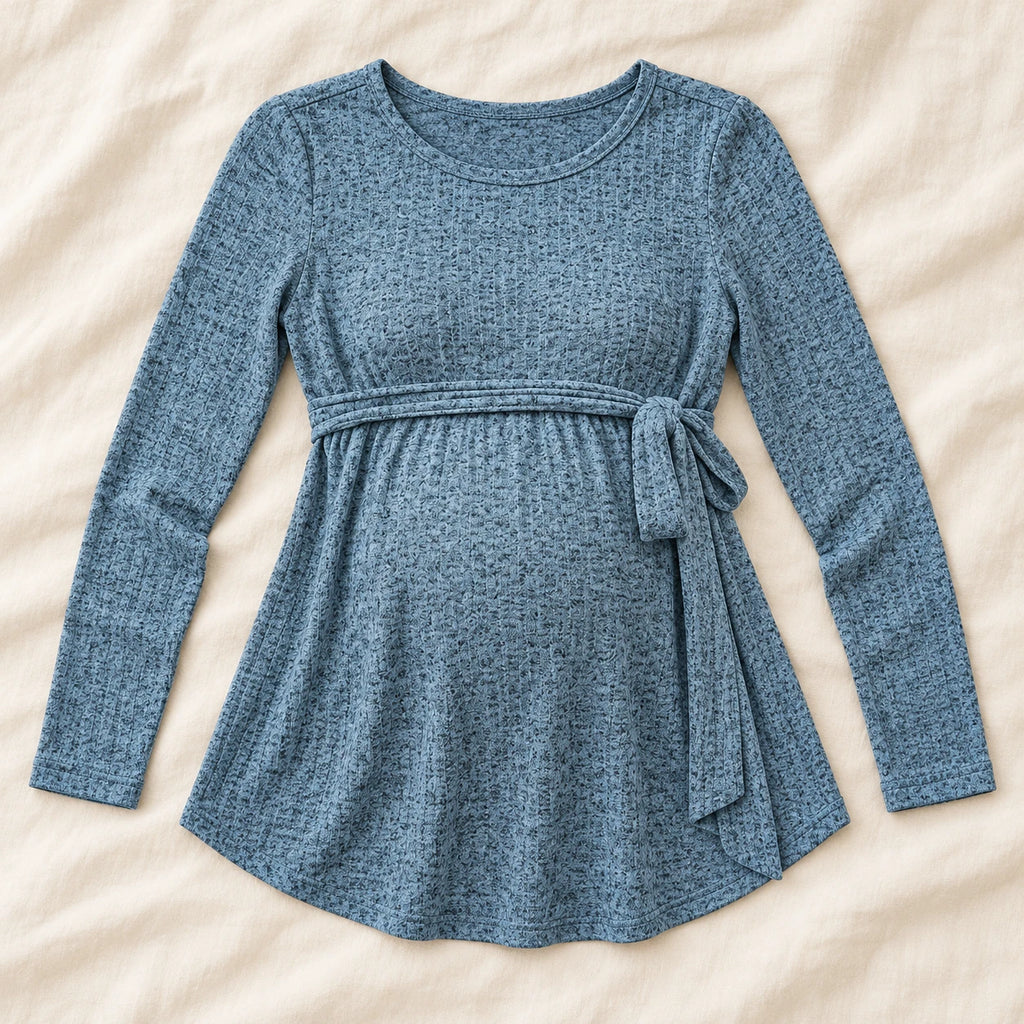 Tie-Waist Long-Sleeve Maternity Tunic — Dusty Blue — product detail