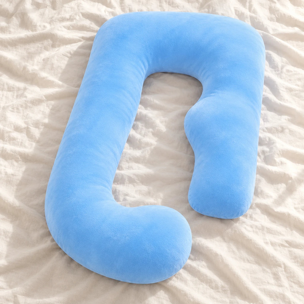 Full-Body Pregnancy Pillow with Washable Cover — Baby blue — product on cream linen