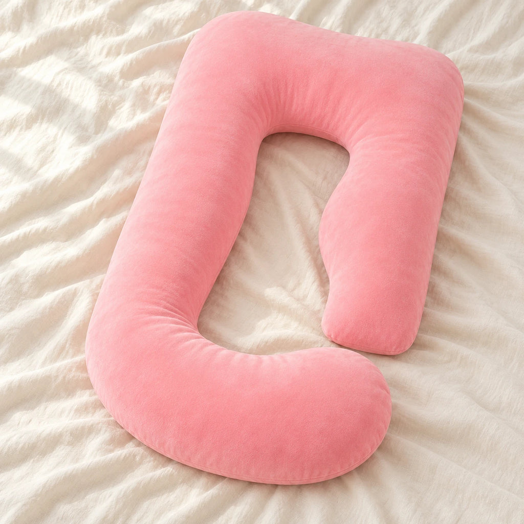 Full-Body Pregnancy Pillow with Washable Cover — Pink — product on cream linen