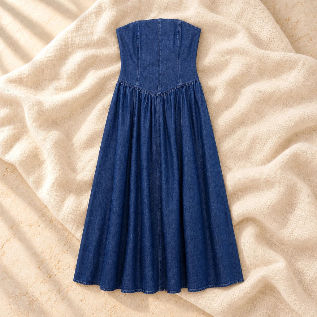 Strapless Denim-Look Maternity Photoshoot Dress, Blue, on warm cream linen