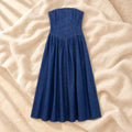 Strapless Denim-Look Maternity Photoshoot Dress, Blue, on warm cream linen