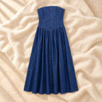 Strapless Denim-Look Maternity Photoshoot Dress, Blue, on warm cream linen