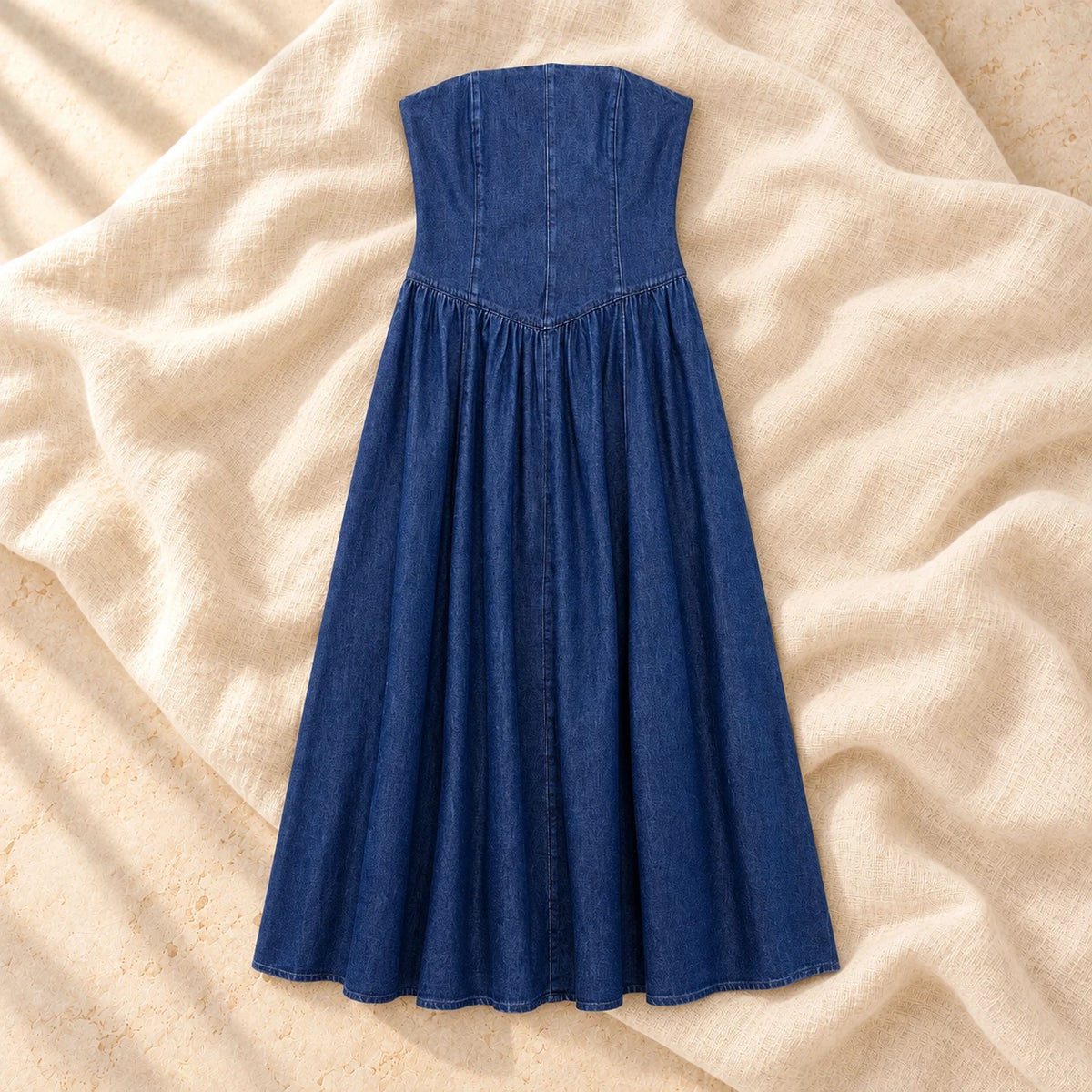 Strapless Denim-Look Maternity Photoshoot Dress, Blue, on warm cream linen