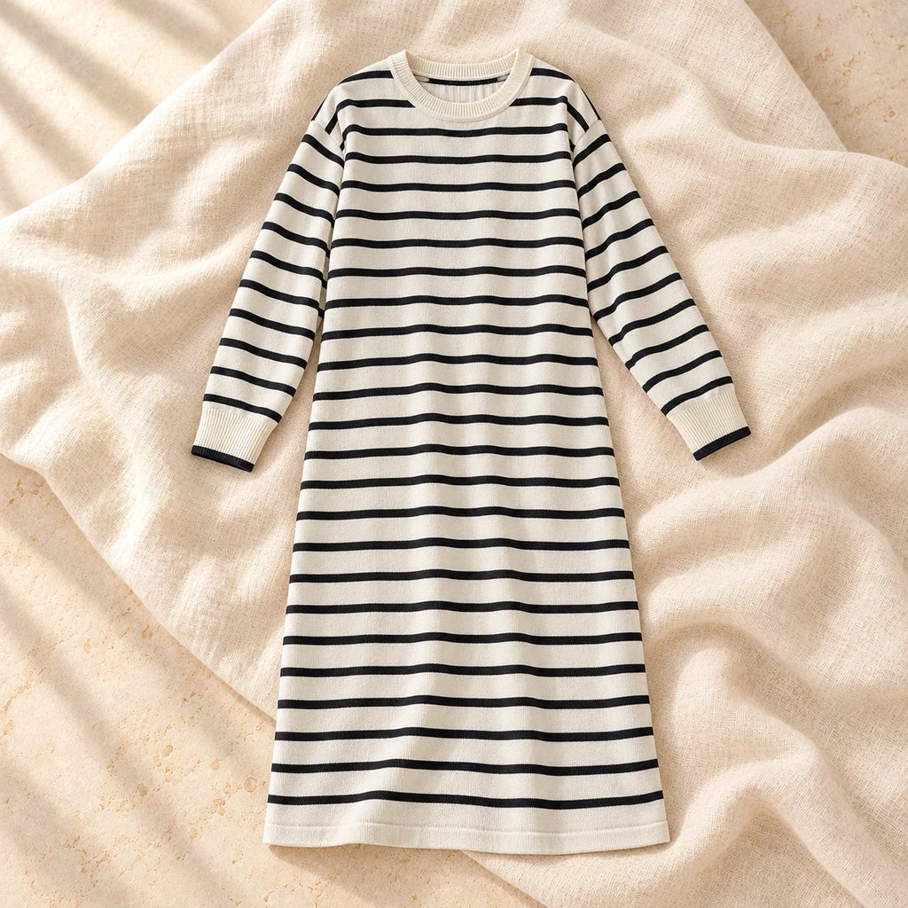 Striped Long-Sleeve Maternity Knit Dress, Beige, on cream linen