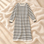 Striped Long-Sleeve Maternity Knit Dress, Beige, on cream linen