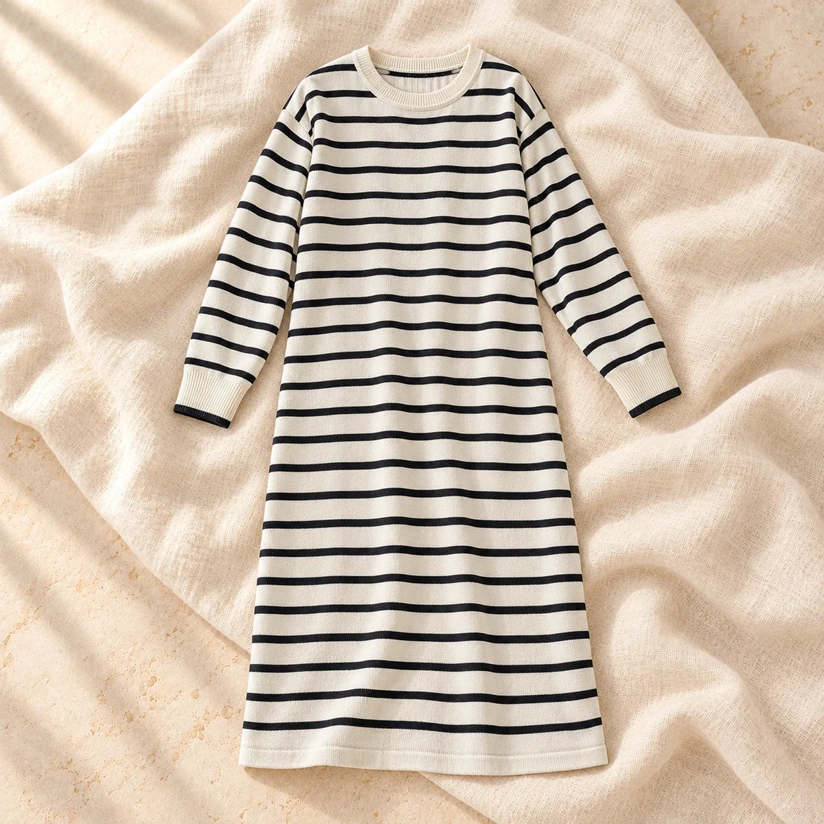 Striped Long-Sleeve Maternity Knit Dress, Beige, on cream linen