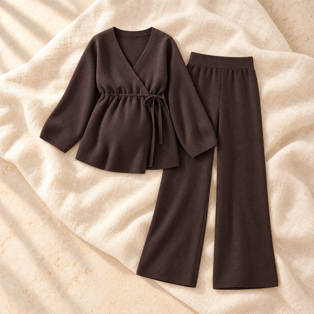Long-Sleeve Maternity Knit Two-Piece Set, Chocolate Brown, on warm cream linen