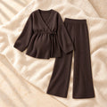 Long-Sleeve Maternity Knit Two-Piece Set, Chocolate Brown, on warm cream linen