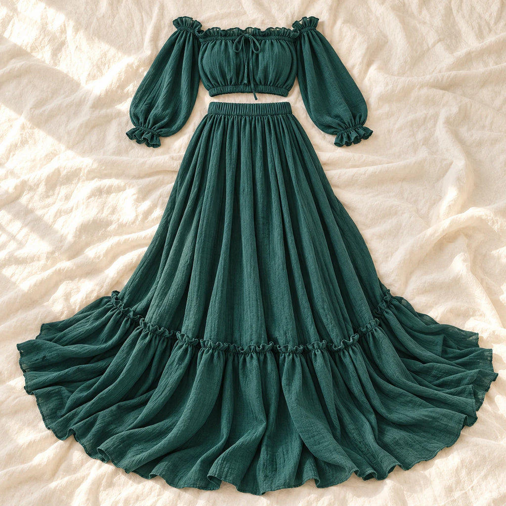 Tots & Moms bohemian maternity portrait outfit — green — complete two-piece on cream linen