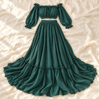 Tots & Moms bohemian maternity portrait outfit — green — complete two-piece on cream linen