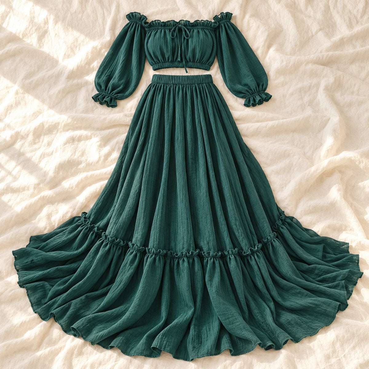 Tots & Moms bohemian maternity portrait outfit — green — complete two-piece on cream linen