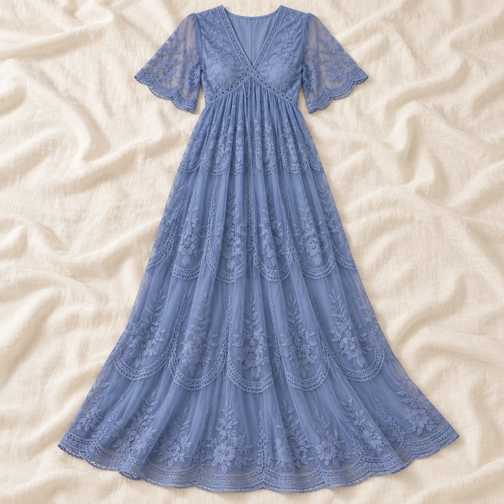 V-Neck Lace Maternity Maxi Dress — Blue — on cream linen